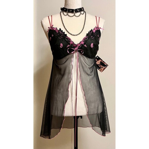 Vintage Y2K Sensual Mystique Babydoll Black Mesh with Embroidery Nighie Set SZ M - Picture 1 of 11